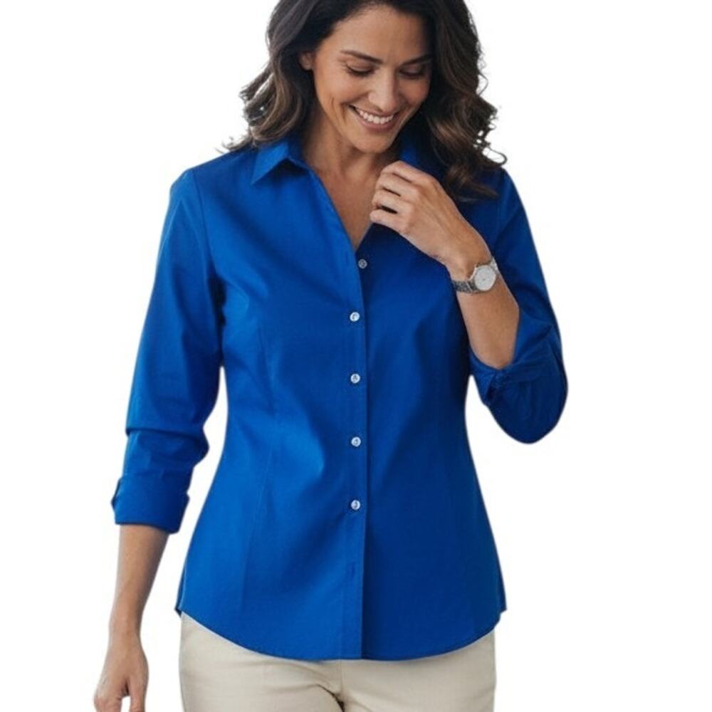 Worthington Blue Stretch Fitted Women's Button Down Blouse, Royal Blue, Size 14